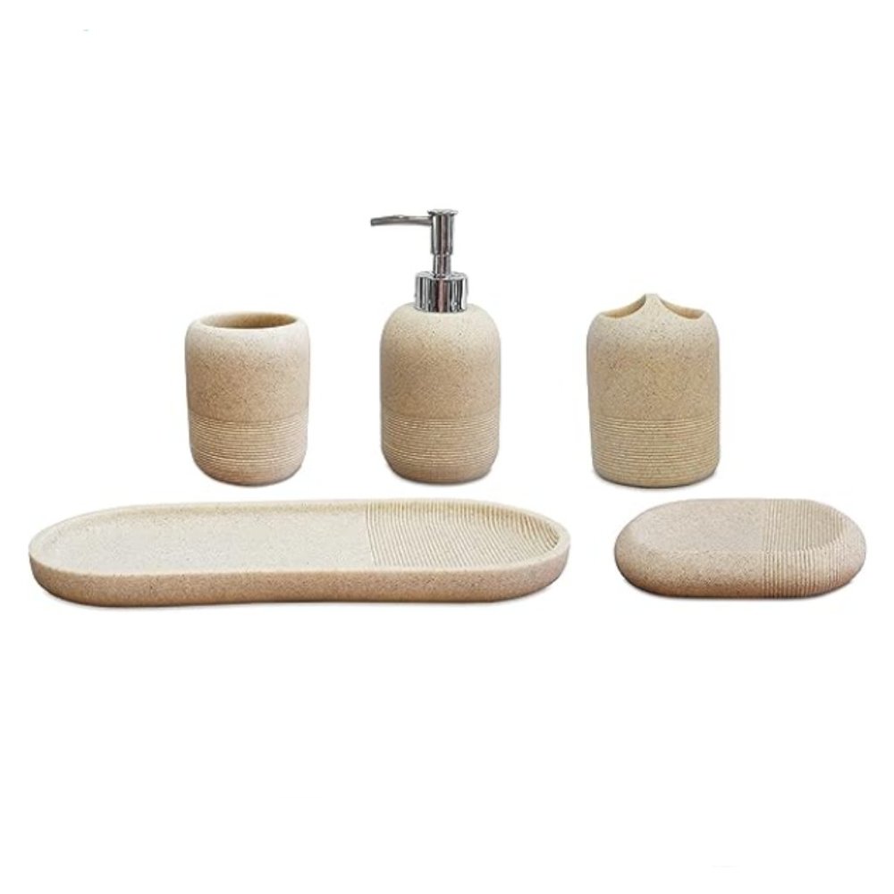 5 pc - Bathroom Accessory Set - Bathroom Decor (Natural/Stone)